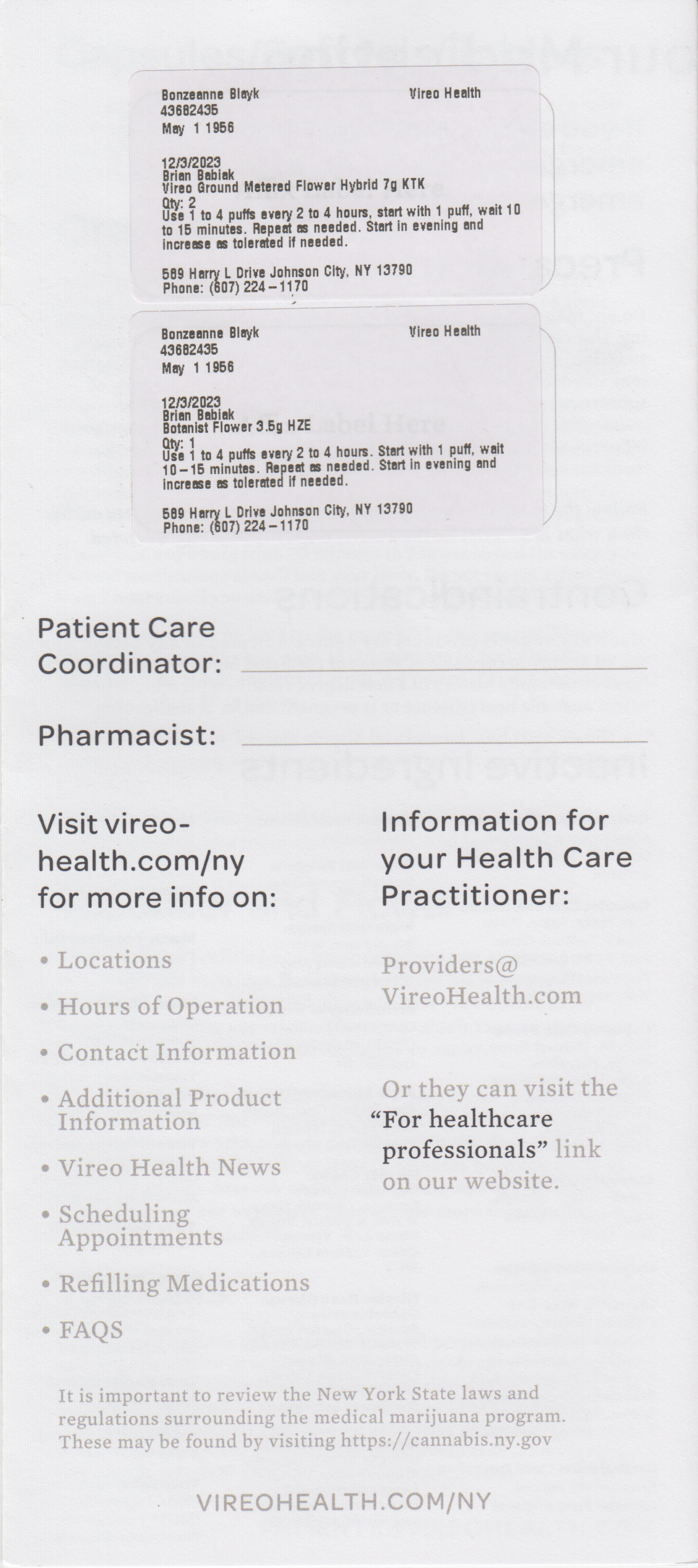 ./2023-12-03 - Vireo Health MMJ Purchase 26 - 2 x 7g m Vireo KTK - 1 x 3.5 gm Botanist FHZE $114.00.png